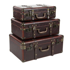 Set of 3 Vintage Real Leather and Wood Trunks Brown - Olivia & May: No Assembly, Matte Finish, 50 lbs Limit - 1 of 4