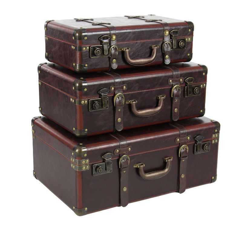 Set of 3 Vintage Real Leather and Wood Trunks Brown - Olivia &#38; May, 4 of 33