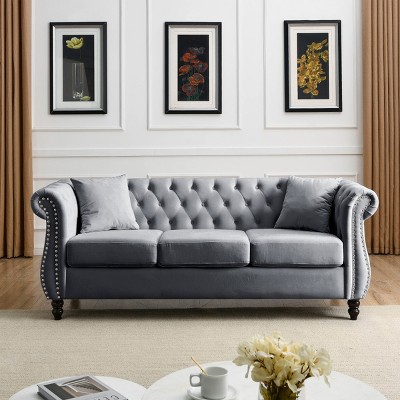 80" Chesterfield Velvet Sofa with Tufted Back,Rolled Arms & Nailhead Trim,3 Seater Couch for Living Room,Bedroom-Baofuwish