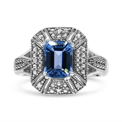 Silver Diamond Accent and 8X6 mm Emerald-Shape Blue Topaz Ring