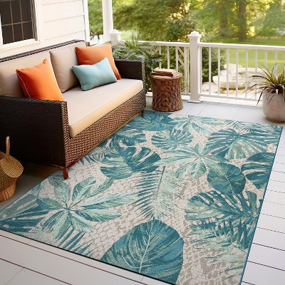 Blue Floral Synthetic Rectangular 5' x 7' Washable Rug