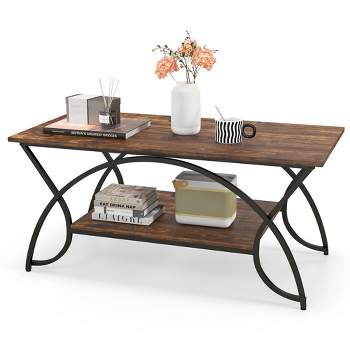 Costway 2-Tier Industrial Coffee Table Rectangular Cocktail Table with Storage Shelf Rustic Brown