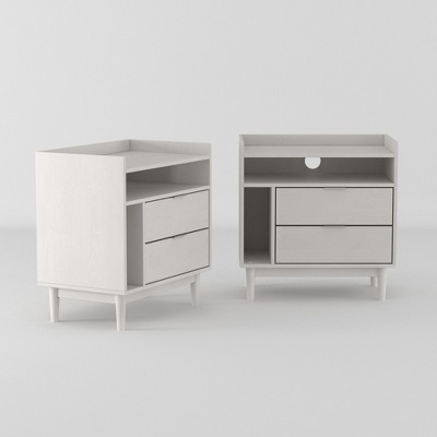 2pk Mid-Century Modern Solid Wood 2 Drawer Storage Nightstands White - Saracina Home: Tapered Legs, Pine Frame