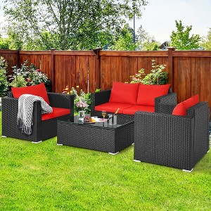 Costway 4PCS Patio Rattan Furniture Set Cushioned Sofa Chair Coffee Table Garden Red - 1 of 4