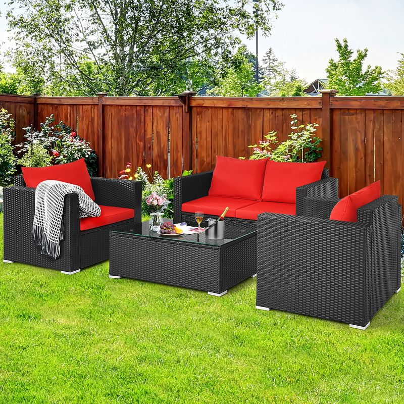 Costway 4PCS Patio Rattan Furniture Set Cushioned Sofa Chair Coffee Table Garden Red, 1 of 13