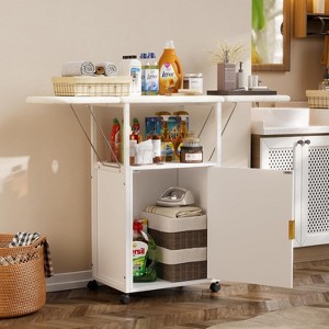 PAKASEPT Rolling Ironing Board with Storage Cabinet, Wooden Folding Ironing Board with Wheels, Craft Table with Storage and Heat-Resistant Sponge - 1 of 4