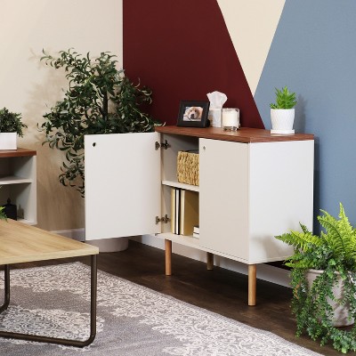 Latte Mid-Century Modern 2-Door Accent Cabinet with Eucalyptus Legs
