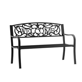 Outsunny 50" Outdoor Metal Welcome Bench, Powder Coated Cast Iron Sign & Steel Frame, 2 Person Bench with Antique Vine Motifs & Slatted Seat, Black