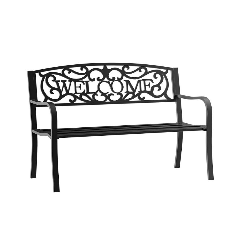Outsunny 50" Outdoor Metal Welcome Bench, Powder Coated Cast Iron Sign & Steel Frame, 2 Person Bench with Antique Vine Motifs & Slatted Seat, Black, 1 of 8