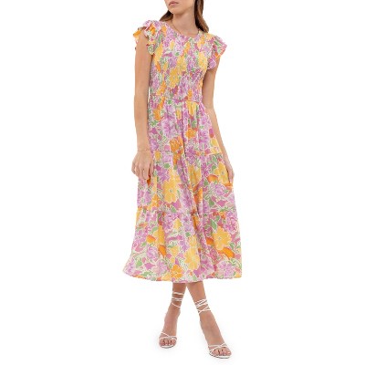August Sky Women's Short Flutter Sleeves Tiered Floral Midi Dress