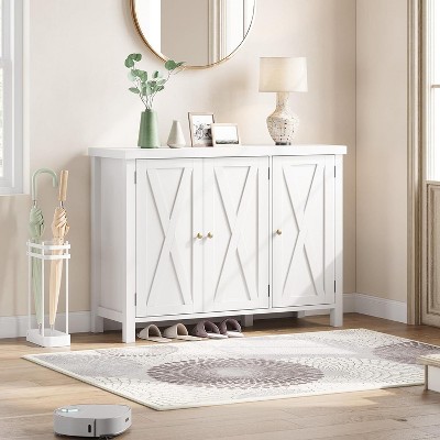 Coucheta Farmhouse Shoe Cabinet - 43" Long Barn Door Storage with Adjustable Shelves, White