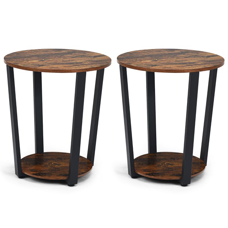 Tangkula 2 PCS 2-Tier Industrial Round End Table Metal Sofa Side Table with Storage Shelf, 1 of 10