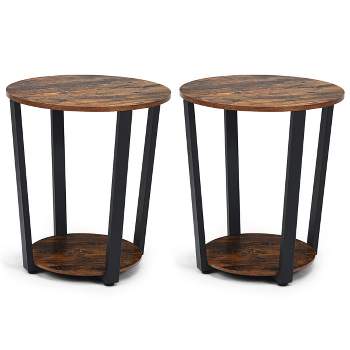 Tangkula 2 PCS 2-Tier Industrial Round End Table Metal Sofa Side Table with Storage Shelf