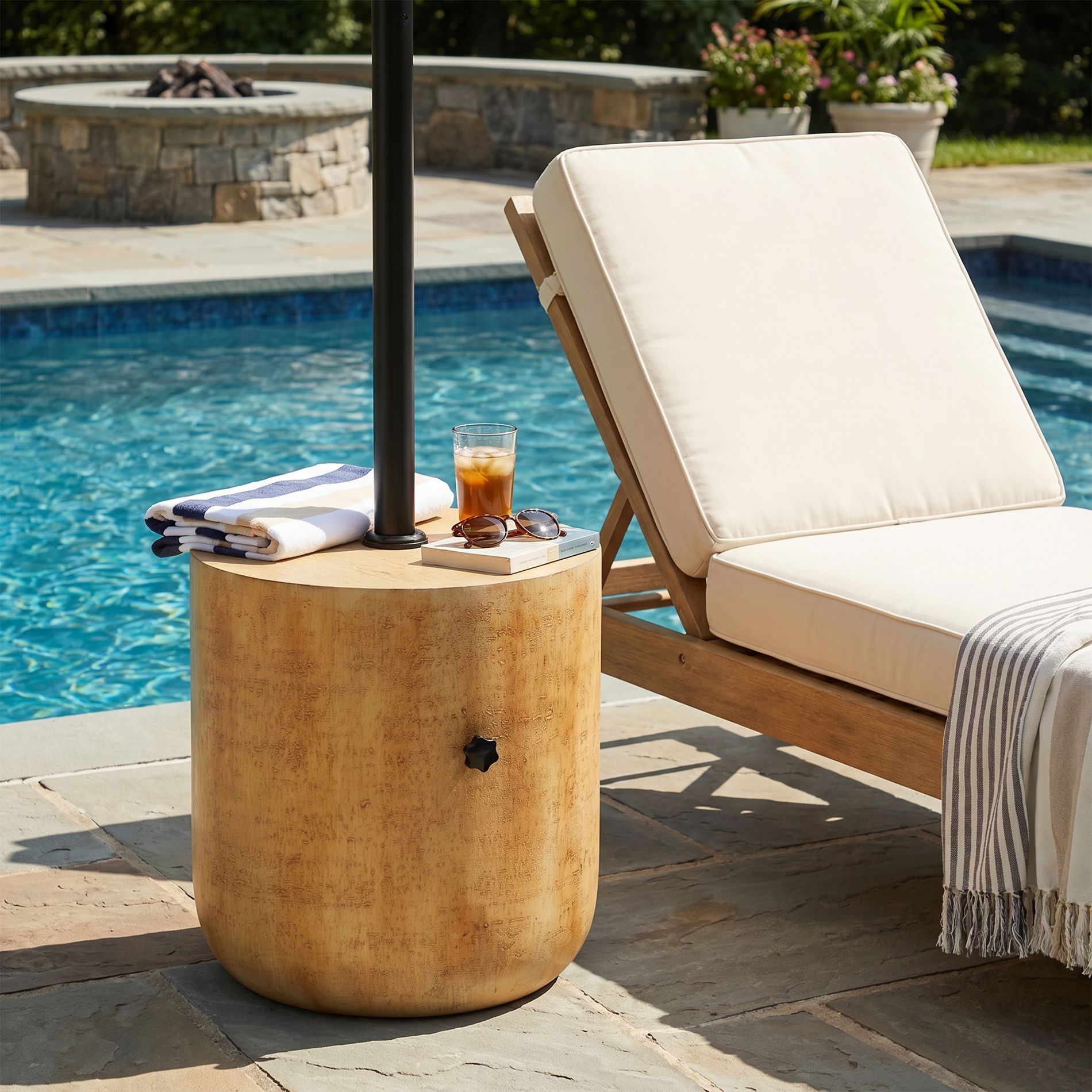 Christopher Knight Home Ulia Patio Lightweight Concrete Side Table with Umbrella Hole and Sand-Filling Design, Sand Beige