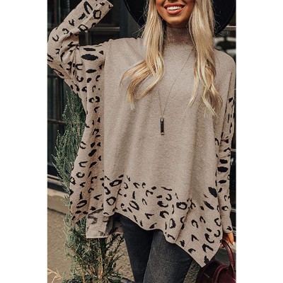 I AM A FASHION JUNKY Khaki Leopard Casual Side Slit High Neck Oversized Sweater