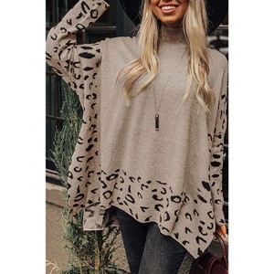 I AM A FASHION JUNKY Khaki Leopard Casual Side Slit High Neck Oversized Sweater - 1 of 4