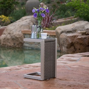 Outdoor Side Table, Home C-Shaped PE Accent Table, Wicker Side Coffee Table Outdoor Side Tables Patio Furniture End Tables - 1 of 4