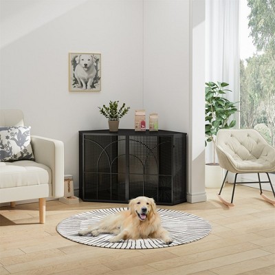 Steel 47.24" Spacious Pet Cage with Tempered Glass for Corners in Living Rooms, Hallways, Studies and Other Spaces, Black