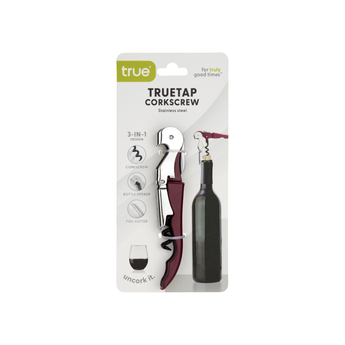 True Truetap Double Hinged Corkscrew Wine Opener, Stainless Steel Wine Key, Built-in Bottle Opener & Foil Cutter, Home Bar Gifts, Travel, Burgundy - thumbnail 7