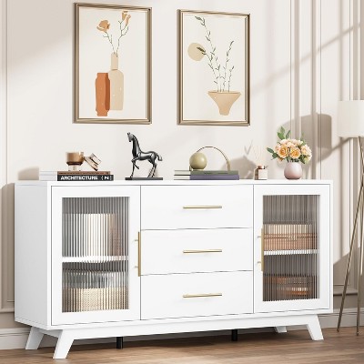 Homhougo 60" Modern Sideboard Buffet Cabinet - White Coffee Bar Storage with Drawers, Adjustable Shelves & Fluted Glass Doors White
