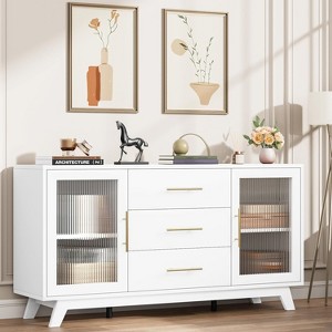 Homhougo 60" Modern Sideboard Buffet Cabinet - White Coffee Bar Storage with Drawers, Adjustable Shelves & Fluted Glass Doors White - 1 of 4