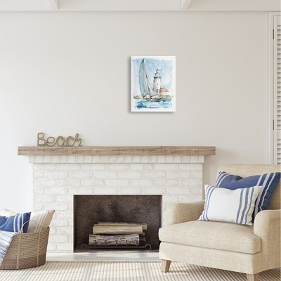 Nautical Sailboat and Lighthouse Blue and White Canvas Wall Art