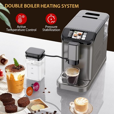 Fully automatic espresso machine with milk frother, steam wand, insulated container, and gold finish. Features soft-touch control and 1350W power.