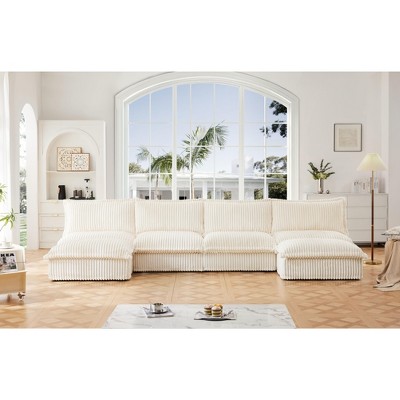 NicBex Couches for Living Room U-Shaped 4 Seater Deep Seat Armless Sofa Free Combination Corduroy Upholstered Slipcovered Sofa with Ottomans, Cream