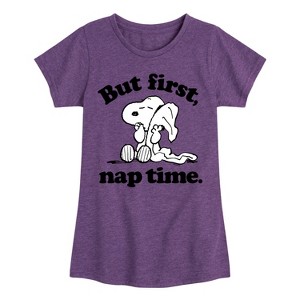 Girls' - Peanuts - Snoopy But First Nap Time Fitted Short Sleeve Graphic T-Shirt - 1 of 4