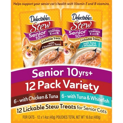 Hartz Delectables Stew Senior Chicken, Tuna & Whitefish Cat Treats Variety Pack - 16.8oz/12ct