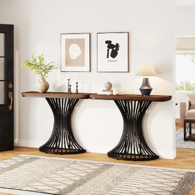 Rustic Brown Wood and Black Metal Demilune Console Table with Storage