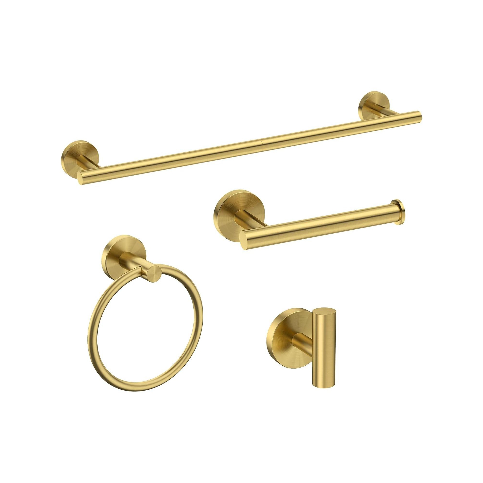 Brushed Gold Bathroom Accessories Set, 24-Inch Towel Bar Set Wall Mounted, 4-Piece