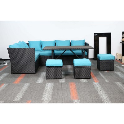 Cesicia 7-Piece Dark Blue Sofa Set, Garden Patio Wicker Sectional Sofa Set with Coffee Table Fit for Both Indoor And Outdoor