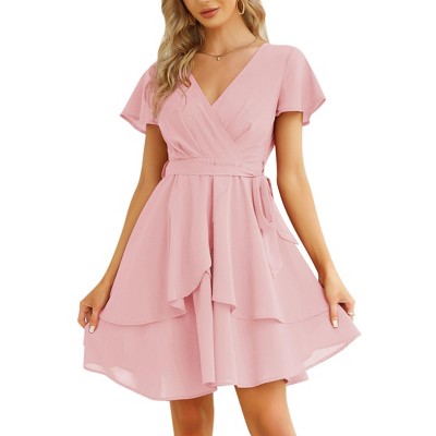 Clearlove Womens Skater Dresses V Neck Short Sleeve Tie Waist Solid Ruffle Boho Flowy Swing Mini Dress