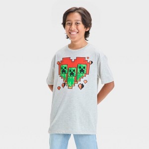 Boys' Minecraft Creeper Valentine's Day Graphic Short Sleeve T-Shirt - Gray - 1 of 4