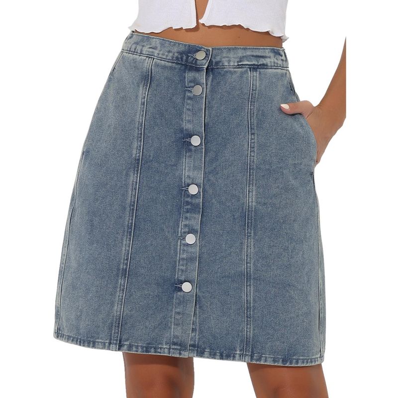 Allegra K Women's Elastic Back Short Button Down Denim Skirts with Pockets, 1 of 6