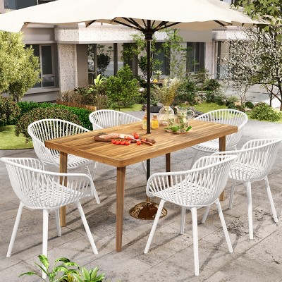 Outdoor Patio Dining Set, 7 Pcs Dining Set with Chairs and Table, 6 Seat Dining Set, Dining Set with PP Frame and Acacia Table-Coolbibila