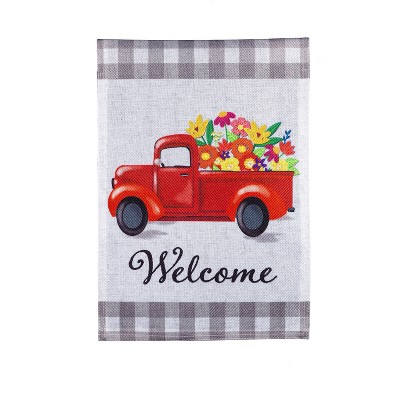 Evergreen Welcome Red Truck Floral with Buffalo Plaid Garden Burlap Flag