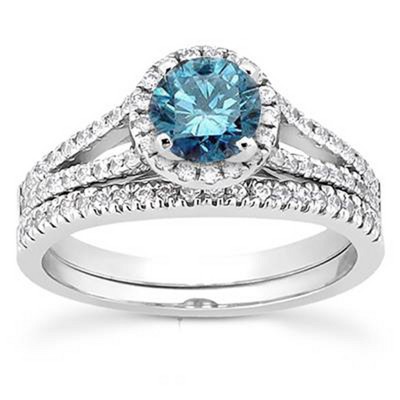 Pompeii3 1ct Split Shank Blue Diamond Ring Set 14K White Gold