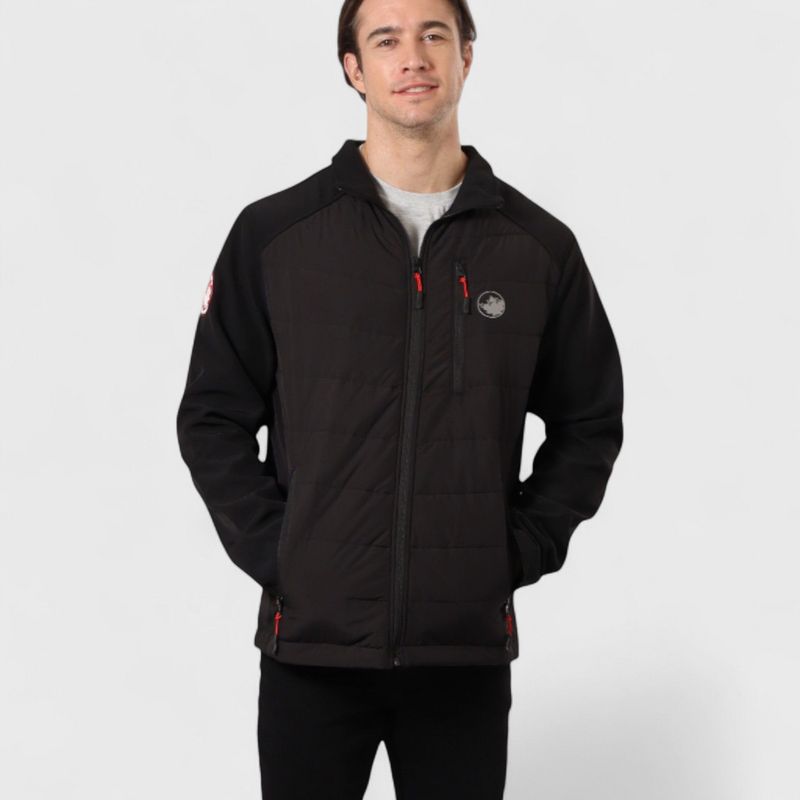 Canada Weather Gear Men’s Hybrid Softshell Puffer Jacket – Water-Resistant Insulated Hooded Winter Coat with Stretch Sleeves-Black, Medium