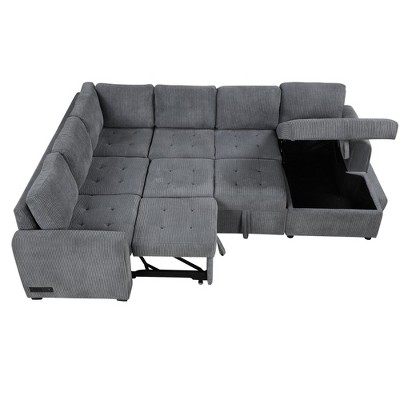 NicBex Modern 107.5" Pull Out Sofa Bed Corduroy Convertible Sleeper Sofa with Storage Chaise and USB Ports for Living Room