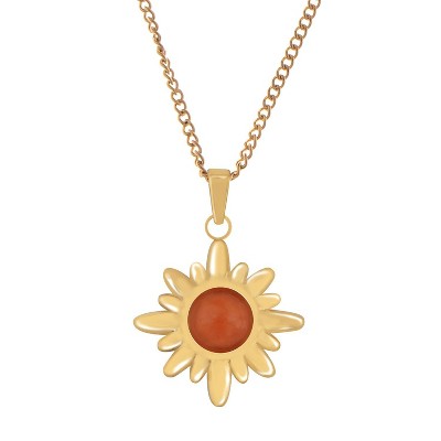 Anna-Kaci Women's Stainless Steel Necklace with 18K Gold Plated Sun Pendant, Orange Acrylic Stone, Adjustable Chain, Unique Design-Gold