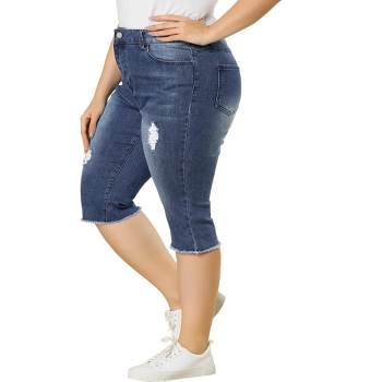 Agnes Orinda Women's Plus Size Capri Ripped Slash Pocket Raw Hem Slim Casual Jean Shorts
