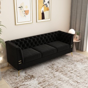 SKRAN Black Velvet Sofa with Gold Legs - Modern Chesterfield Design, Tufted Upholstery, 3-Seat Couch for Living Room and Office - 1 of 4