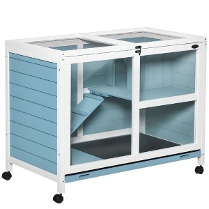PawHut Rabbit Hutch Indoor, 2-Story Bunny Hutch, Wooden Guinea Pig Cage, Small Animal House with Tray, Universal Casters, Run Area, Ramp, Light Blue - 1 of 4