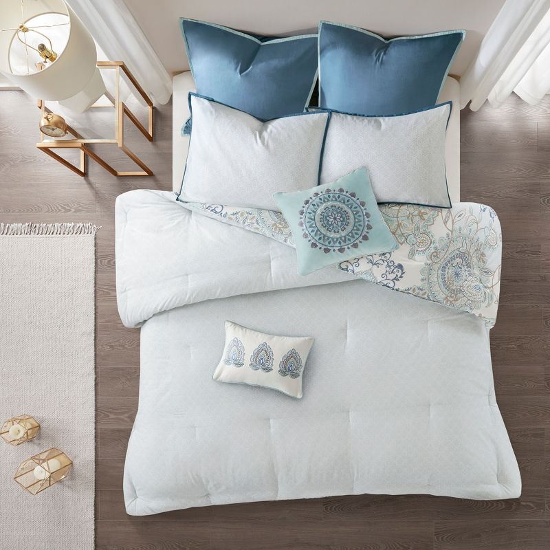 8pc Lian Cotton Printed Reversible Comforter Set Blue, 3 of 21
