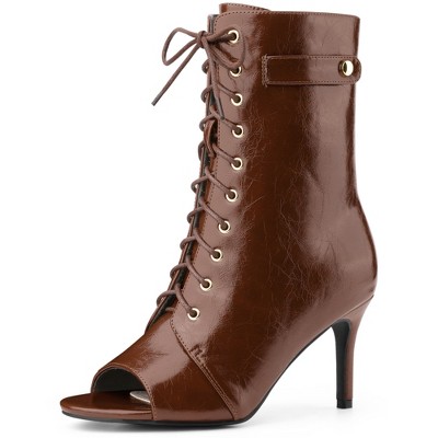 BLISSFUL STEP Women's Lace Up Peep Toe Stiletto Heel Ankle Boots