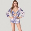 Anna-Kaci Swim Women's Leaf Print 3 Piece Swimsuit Set Bikini Top Drawstring Shorts Long Sleeve Sheer Cover Up - 2 of 4