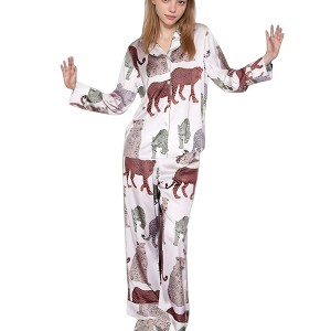 Anna-Kaci Lounge Women's Multicolored Leopard Print Pajama Set with Long Sleeve Notch Collar Top and Relaxed Straight Leg Bottoms - 1 of 4
