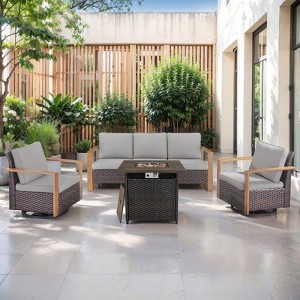 Gymojoy 4/6PCS 50000 BTU Gas Firepit Table with Outdoor 3-Seat Sofa Swivel Chair Ottoman Set - 1 of 4